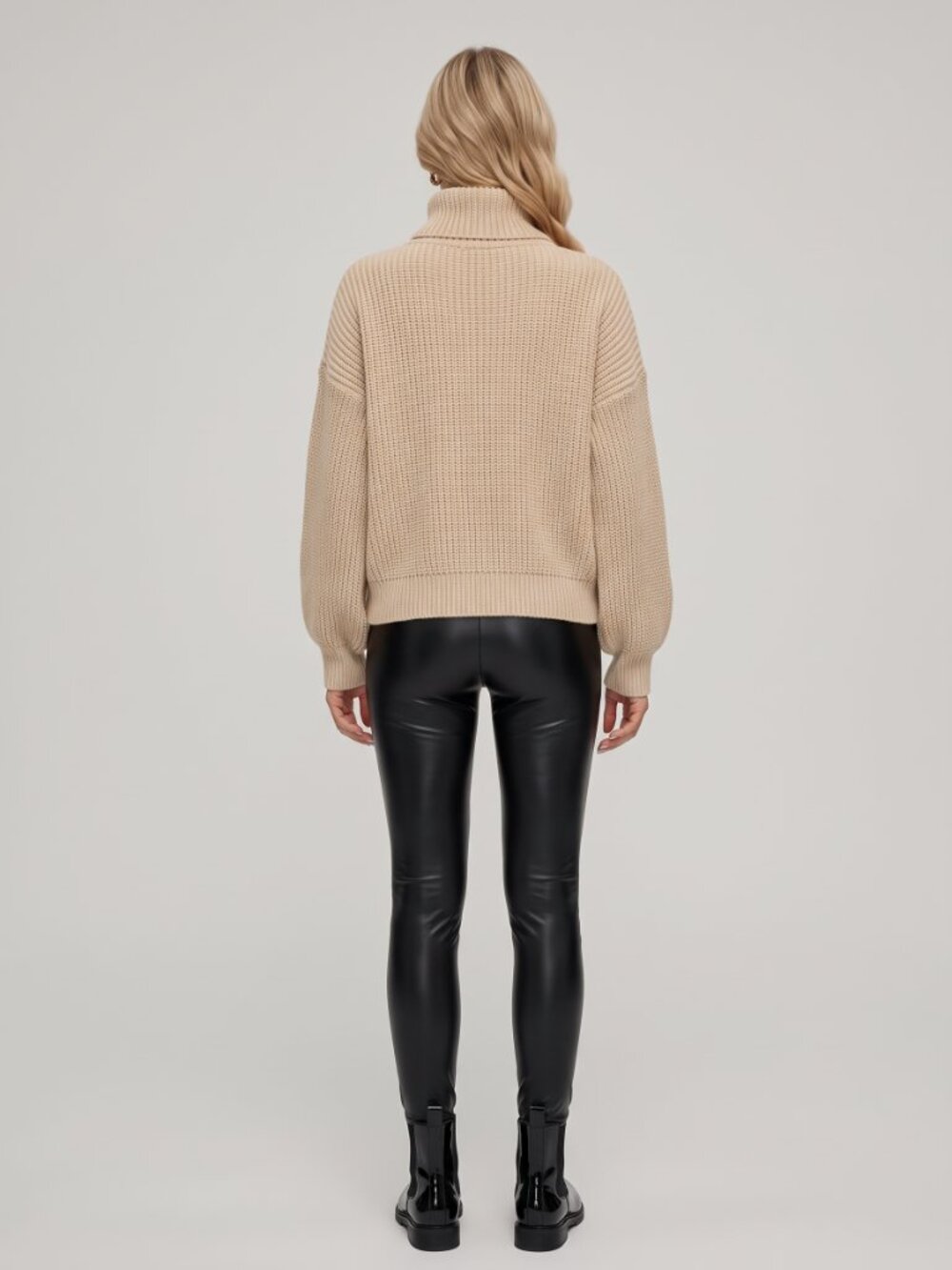 Women's Cream Ribbed Turtleneck Sweater Drop Shoulder Oversized Knit Top - Picture 2 of 4